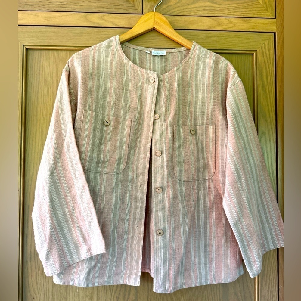 Women’s Striped Button-Down Shirt Jacket - Pink/Green